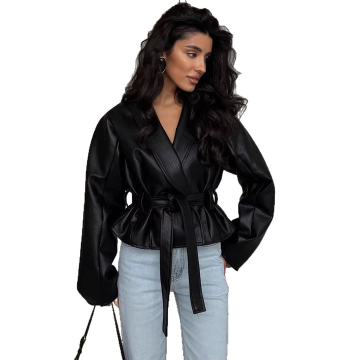 Women's Tailored Faux Leather Jacket with Peplum, Belt & Shawl Collar Amarae