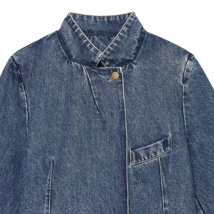 Women's Boxy Cropped Denim Jacket with Stand Collar and Three-Quarter Sleeves Amarae