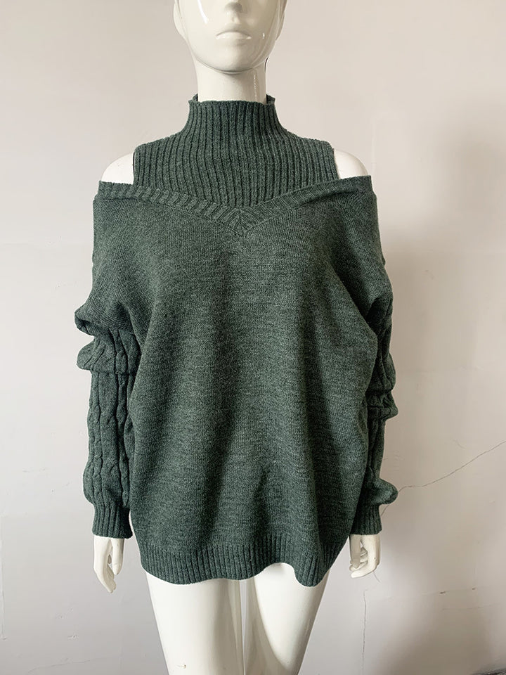 Damen Schulterfreier Oversize-Strickpullover mit Stehkragen Drune