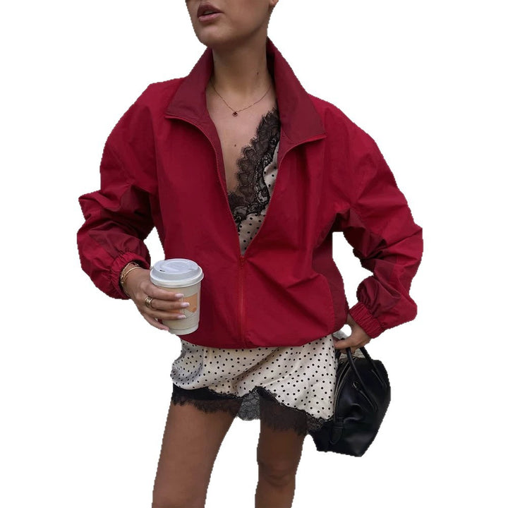 Women Lightweight Boxy Windbreaker with Stand Collar and Elastic Hem Amarae