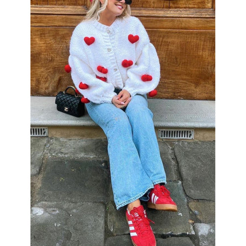 Ladies playful knitted cardigan with heart-shaped appliqués Amarae