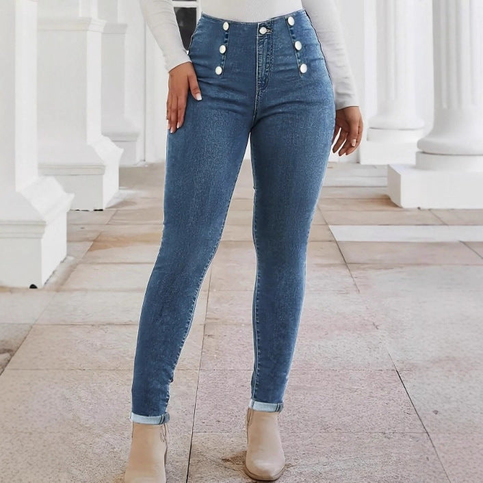 Women's High-waisted, figure-shaping Skinny Jeans with double decorative button placket Amarae