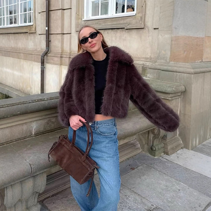 Women's Short Cropped Faux Fur Jacket with Voluminous Shawl Collar and Boxy Silhouette Amarae