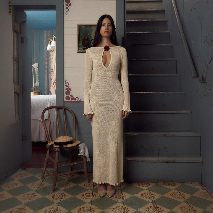 Maxi dress for women with plunging neckline and refined crochet pattern Lune London