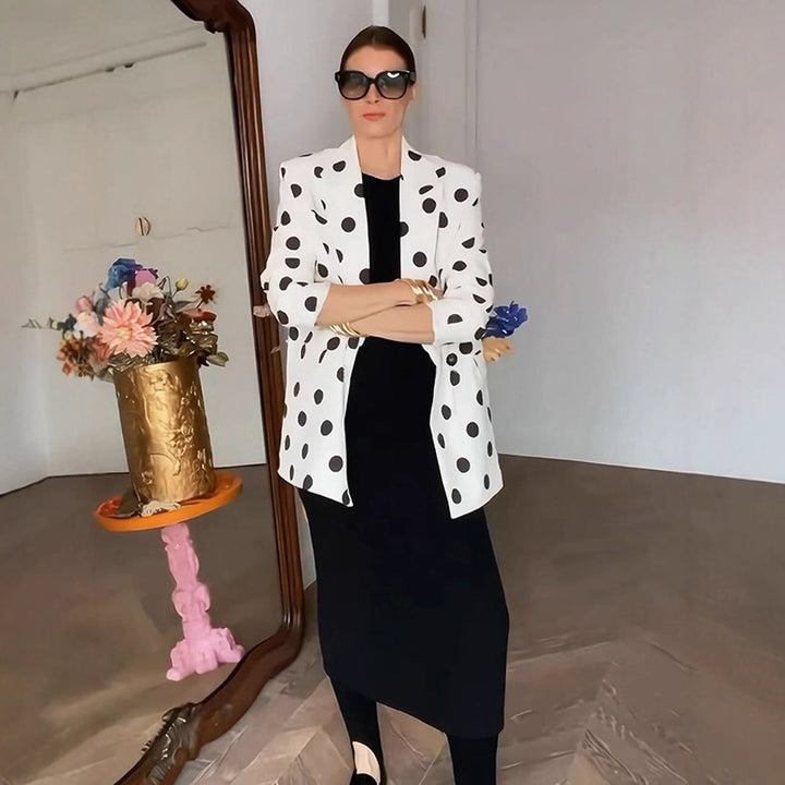 Women Polka Dot Long Blazer with Structured Shoulder and Oversized Cut Amarae