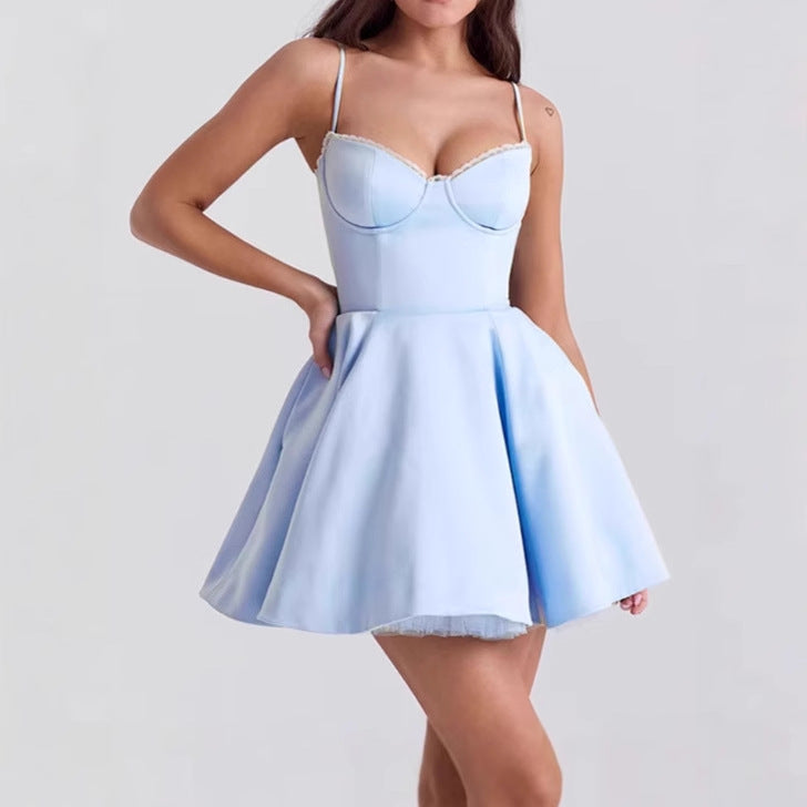 Skater dress for women with delicate spaghetti straps and an elegant corset waist Lune London