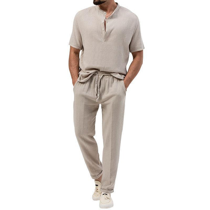 Men's short sleeve shirt fashion with Henley collar and casual jogger pants Lune London