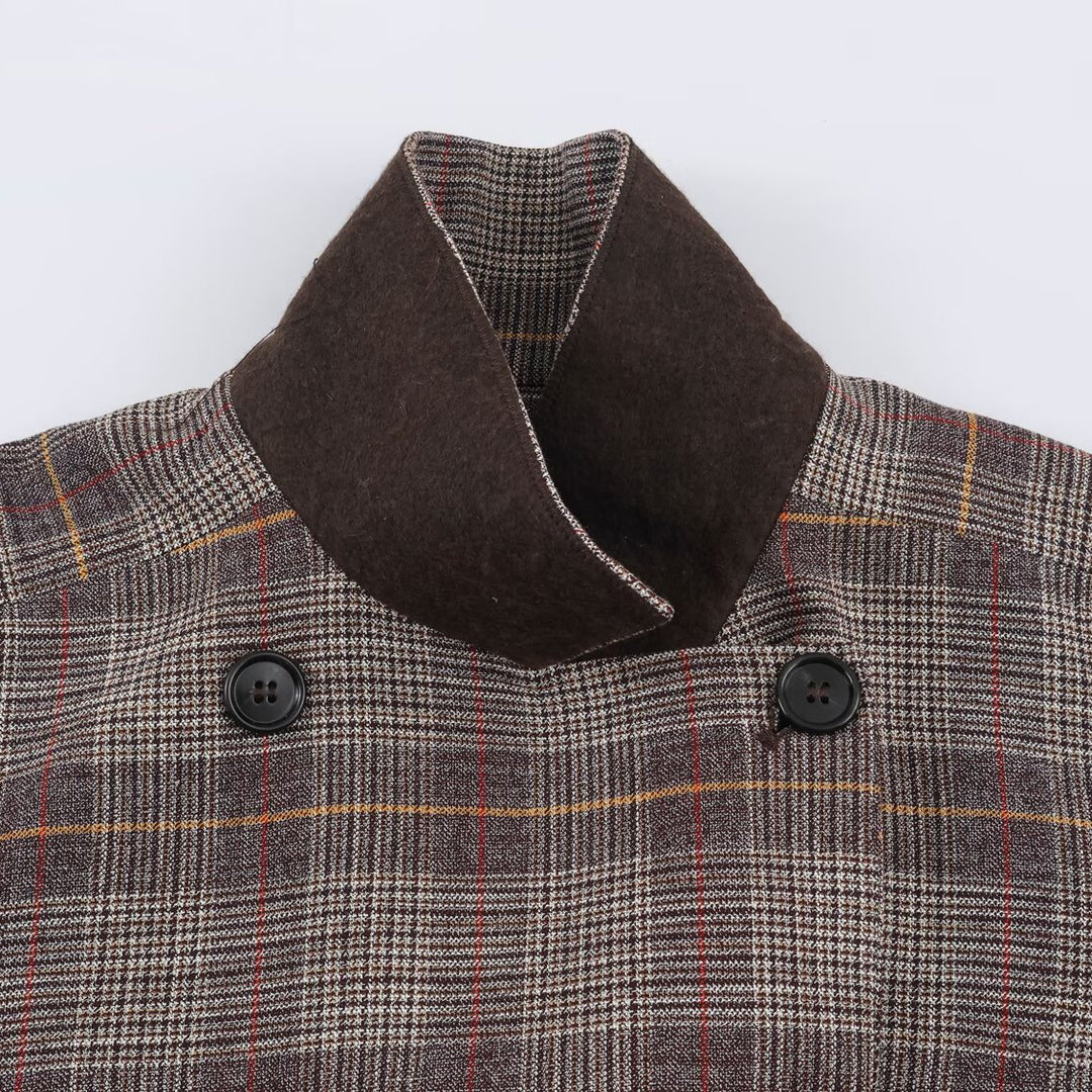 Ladies Short Double-Breasted Tailored Check Jacket with Stand Collar and Waist Straps Amarae