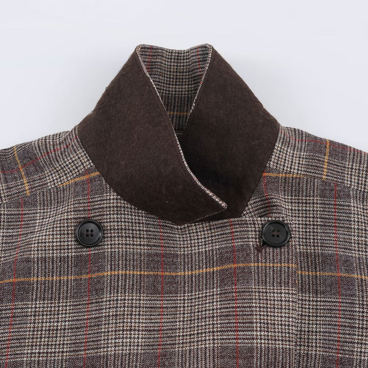Ladies Short Double-Breasted Tailored Check Jacket with Stand Collar and Waist Straps Amarae