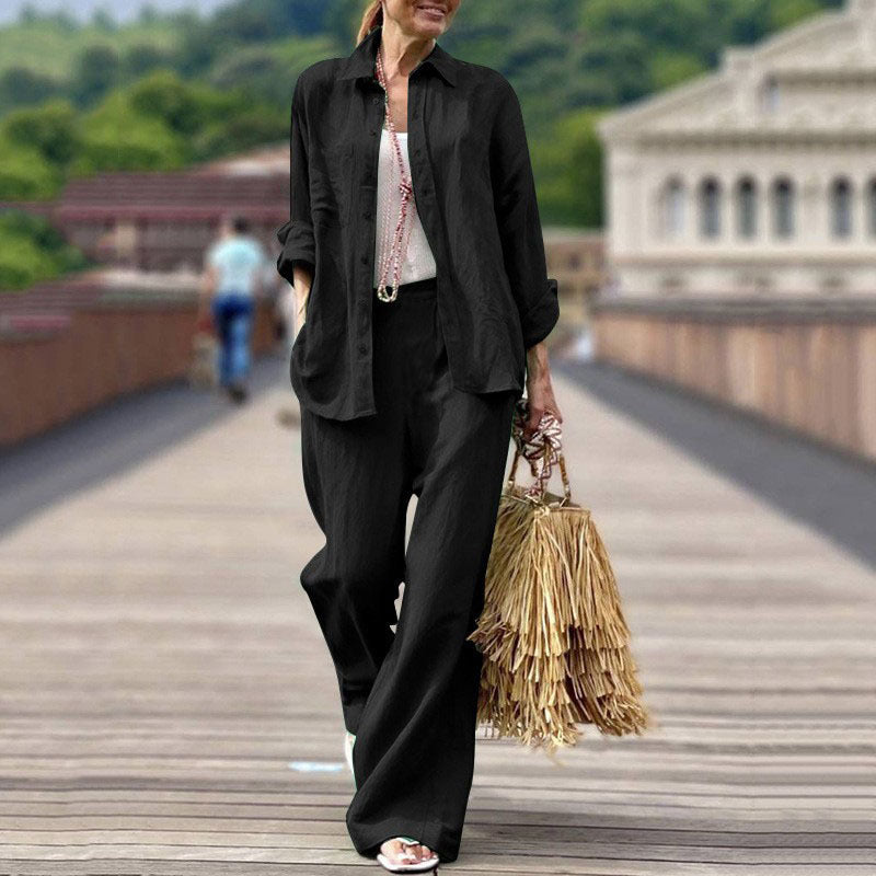 Women's Lightweight Linen Two-Piece Set with Loose Shirt Blouse and Wide High-Waist Pants Amarae