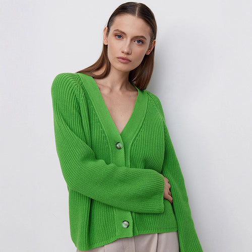 Women's knit jacket with large V-neck and button closure Amarae