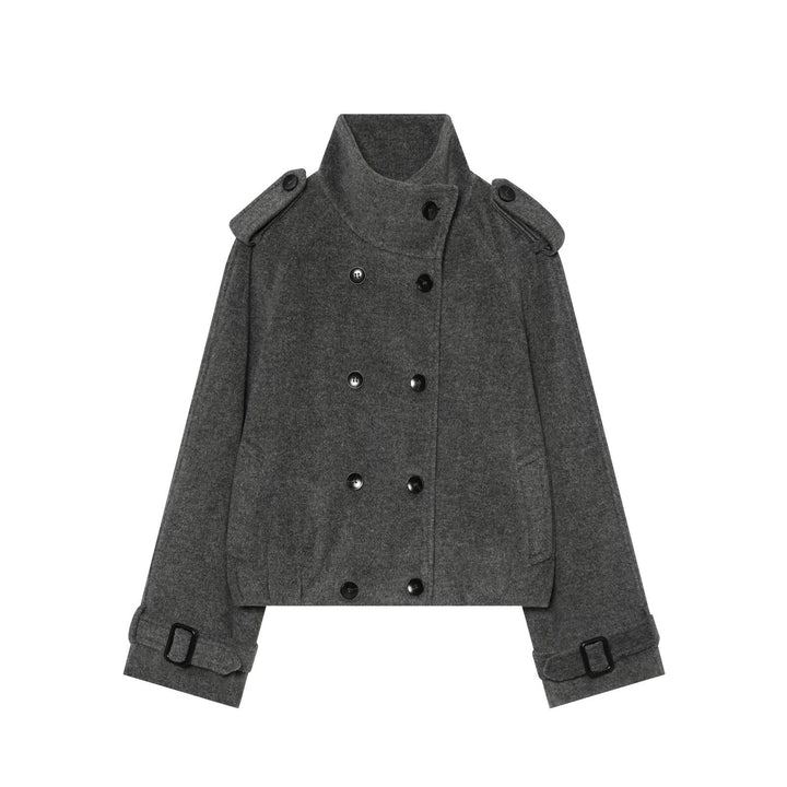 Women Short Peacoat with Double Breasted, High Standing Collar, Shoulder Epaulettes and Adjustable Cuffs Amarae