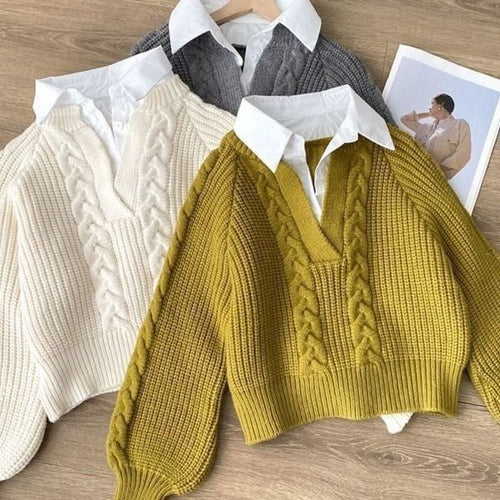 Sweater tricot élégant pour femmes avec décolleté en V profond et motif en câble Chic & Stil