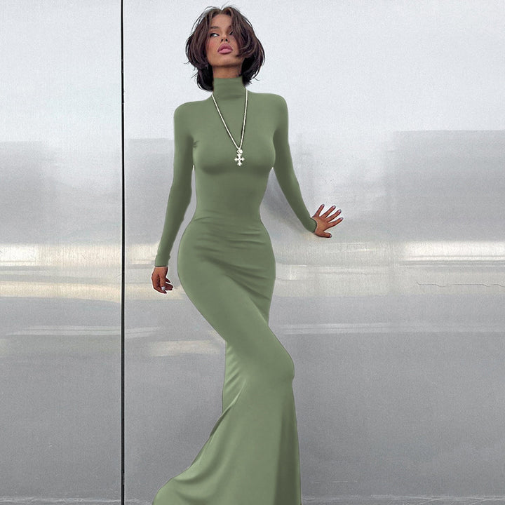 Ladies Elegant Maxi Dress with High Collar and Chic Fitted Cut