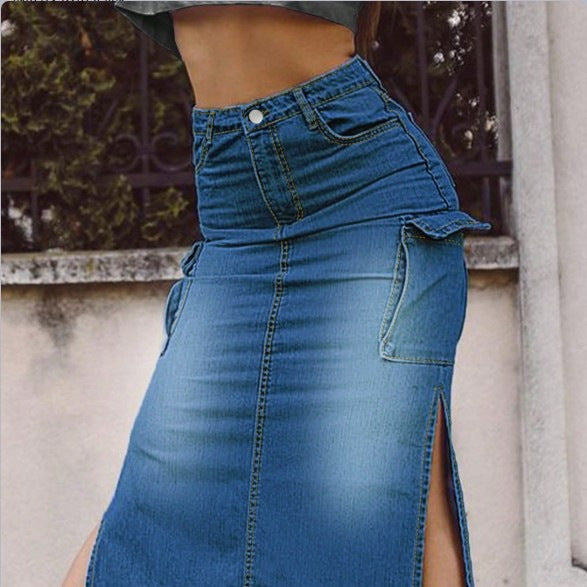 Women's High-Waisted Denim Midi Skirt with Cargo Pockets, Side Slits, and Waist-Defining Cut Amarae