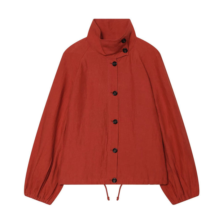 Ladies short jacket with high stand-up collar, continuous button placket and drawstring Amarae