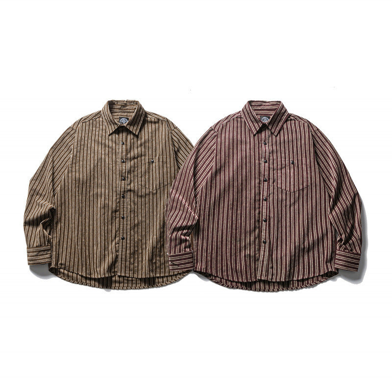 Men's Oversize Cord Shirt with Vertical Stripes, Chest Pocket and Rounded Hem Amarae