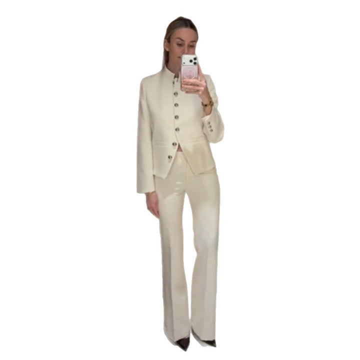 Women Tailored Blazer with Stand Collar and Silver Decorative Buttons Amarae