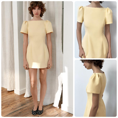 Women Short Evening Dress with Puff Sleeves and Figure-Hugging Cut