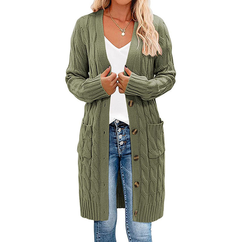 Ladies long knitted cardigan with cable design and practical pockets Lune London