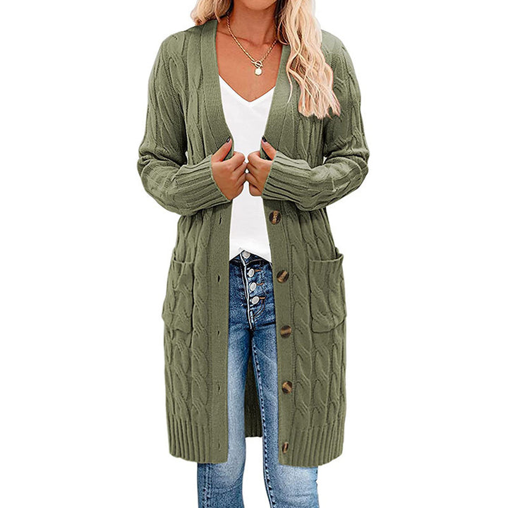 Ladies long knitted cardigan with cable design and practical pockets Lune London
