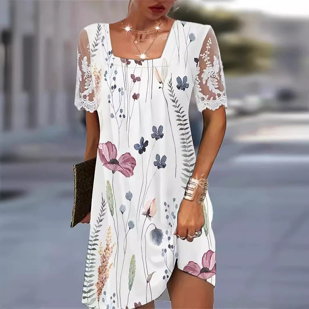 Floral print tunic dress for women with lace sleeves Lune London