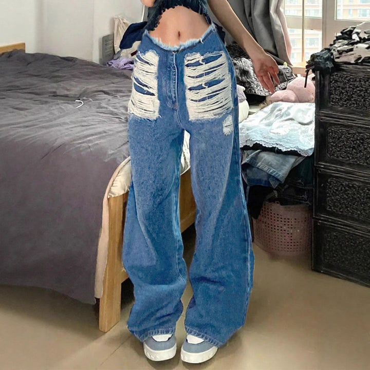 Women's high-cut wide denim jeans with heavily distressed front and raw waistband Amarae