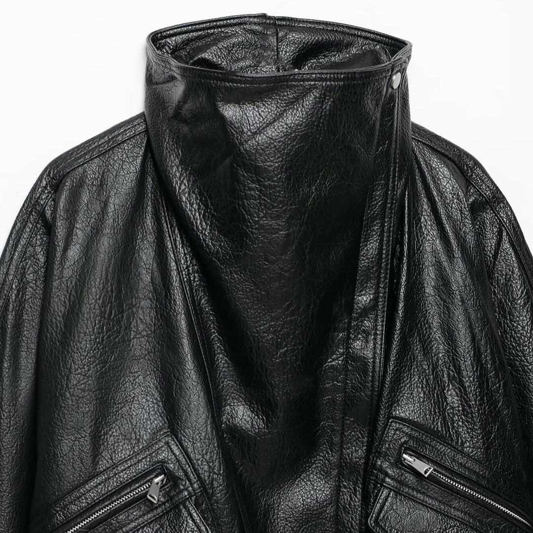Women's Oversized Faux Leather Jacket with High Stand-Up Collar and Zipper Pockets Amarae