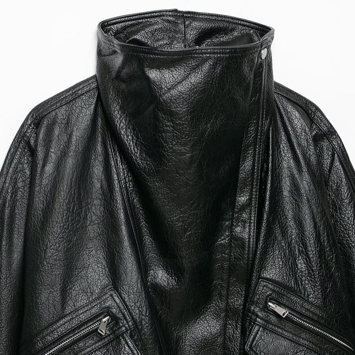 Women's Oversized Faux Leather Jacket with High Stand-Up Collar and Zipper Pockets Amarae