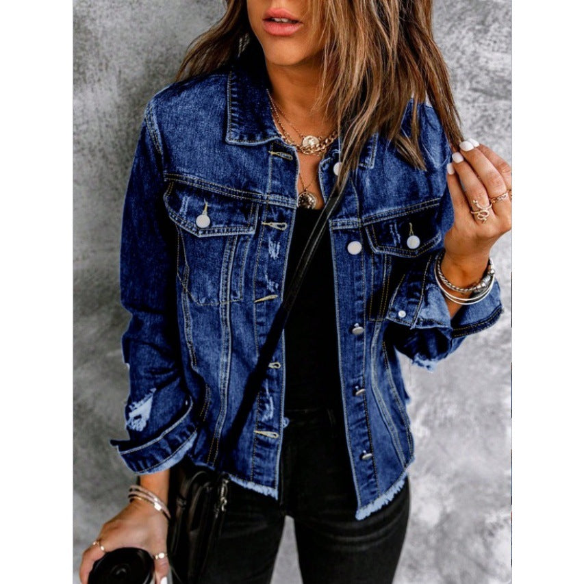 Women Tailored Denim Jacket with Destroyed Accents, Patch Pockets, and Visible Quilted Stitching Amarae
