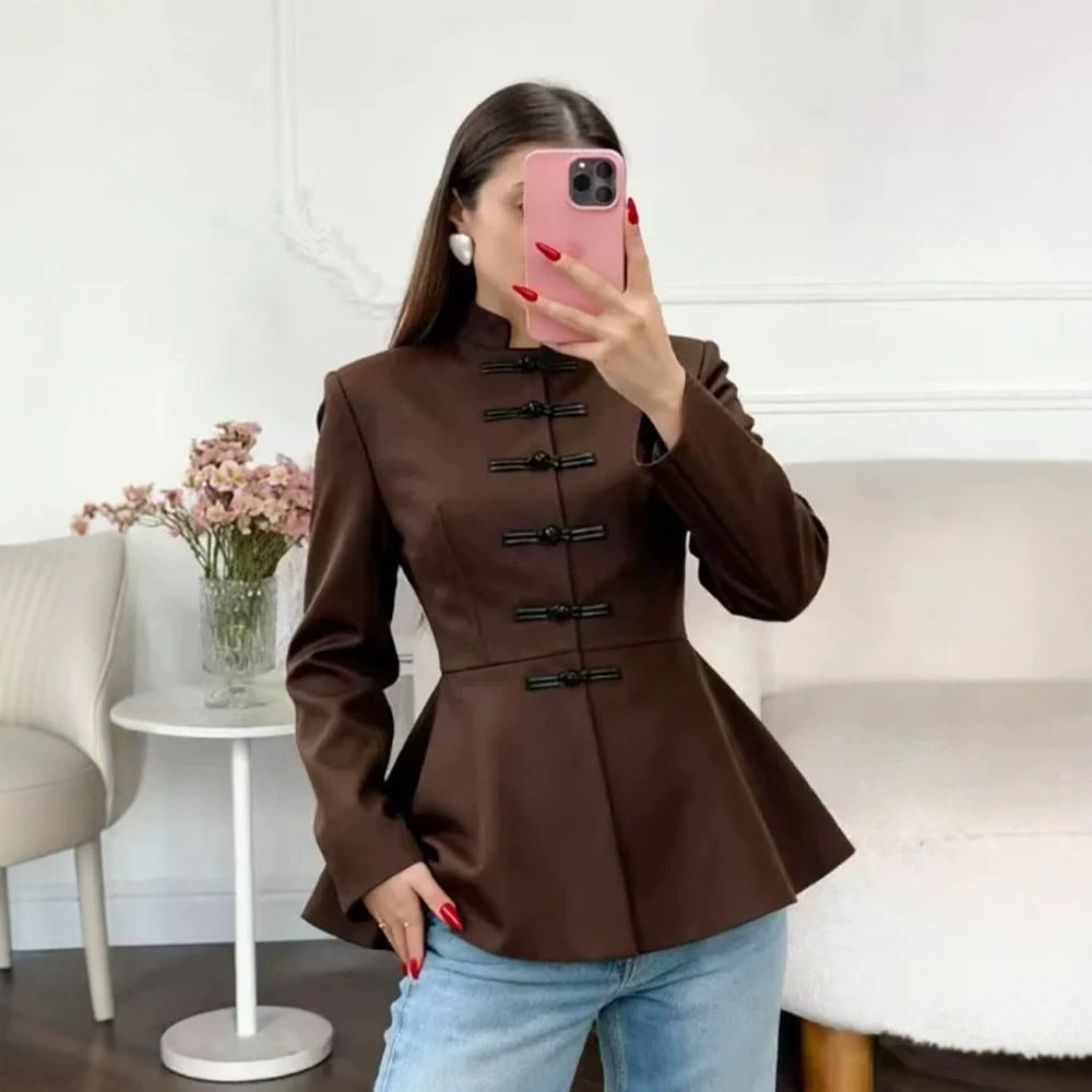 Women's Tailored Peplum Jacket with Stand Collar and Decorative Toggle Fasteners Amarae