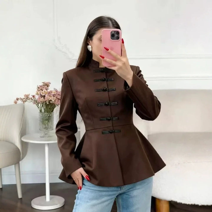 Women's Tailored Peplum Jacket with Stand Collar and Decorative Toggle Fasteners Amarae