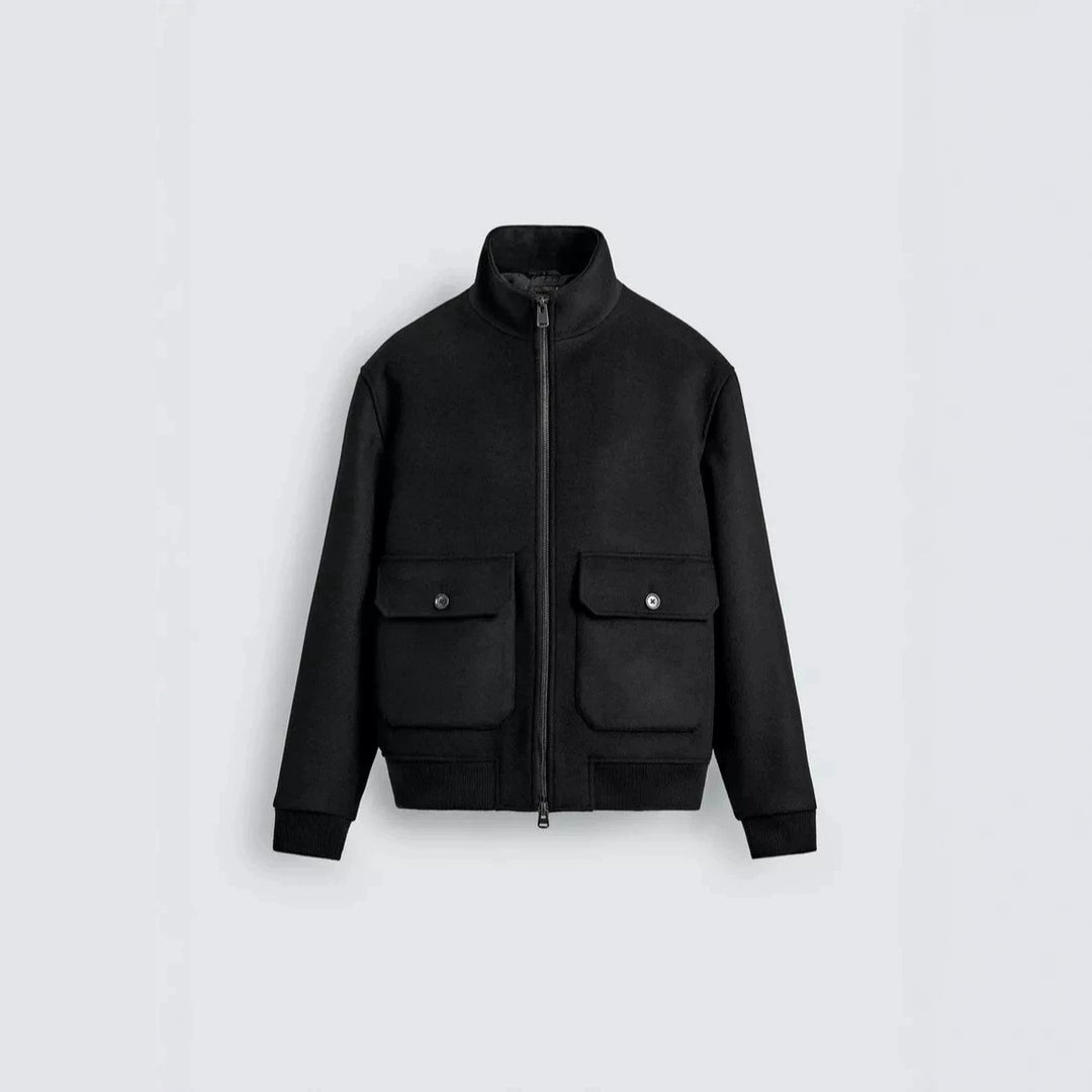 Men's short wool bomber jacket with high stand-up collar and patch flap pockets Amarae