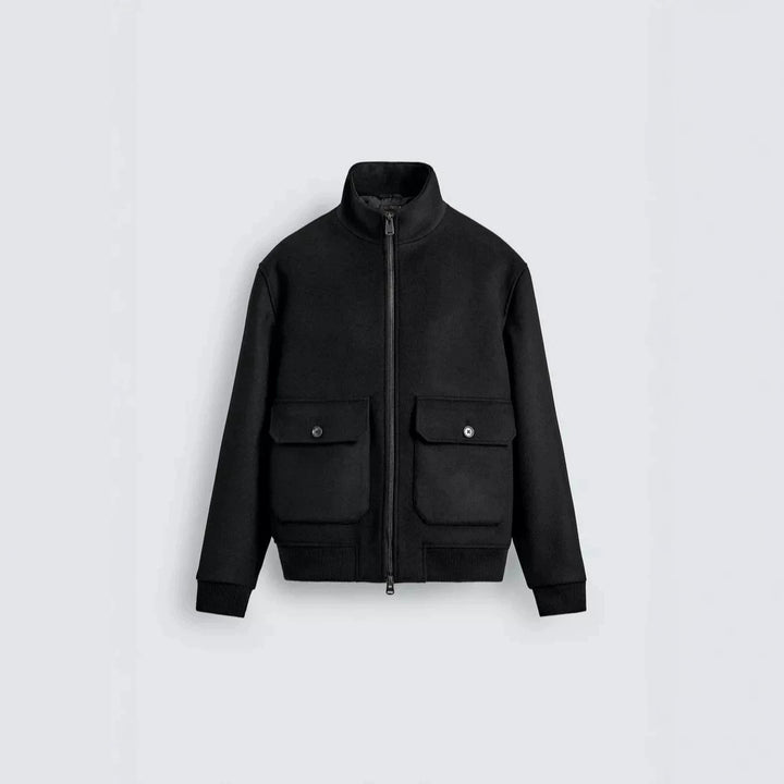 Men's short wool bomber jacket with high stand-up collar and patch flap pockets Amarae