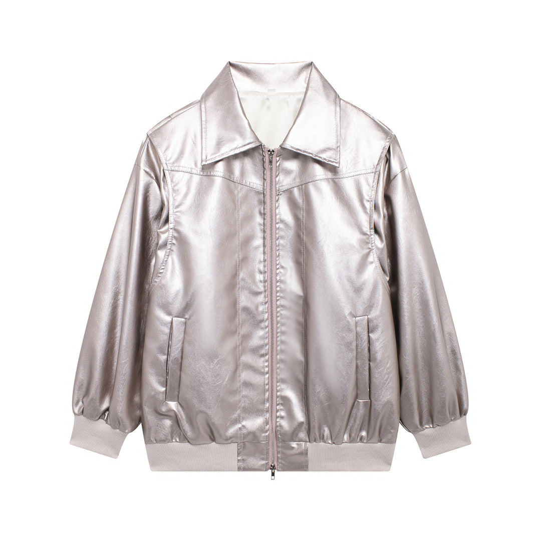 Ladies Trendy Faux Leather Jacket with Elastic Cuffs and Practical Pockets Lune London