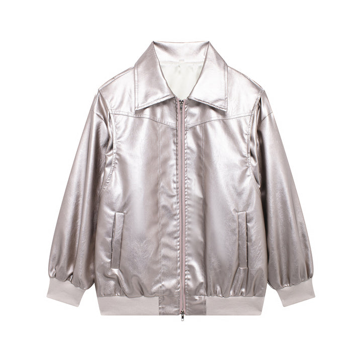 Ladies Trendy Faux Leather Jacket with Elastic Cuffs and Practical Pockets Lune London