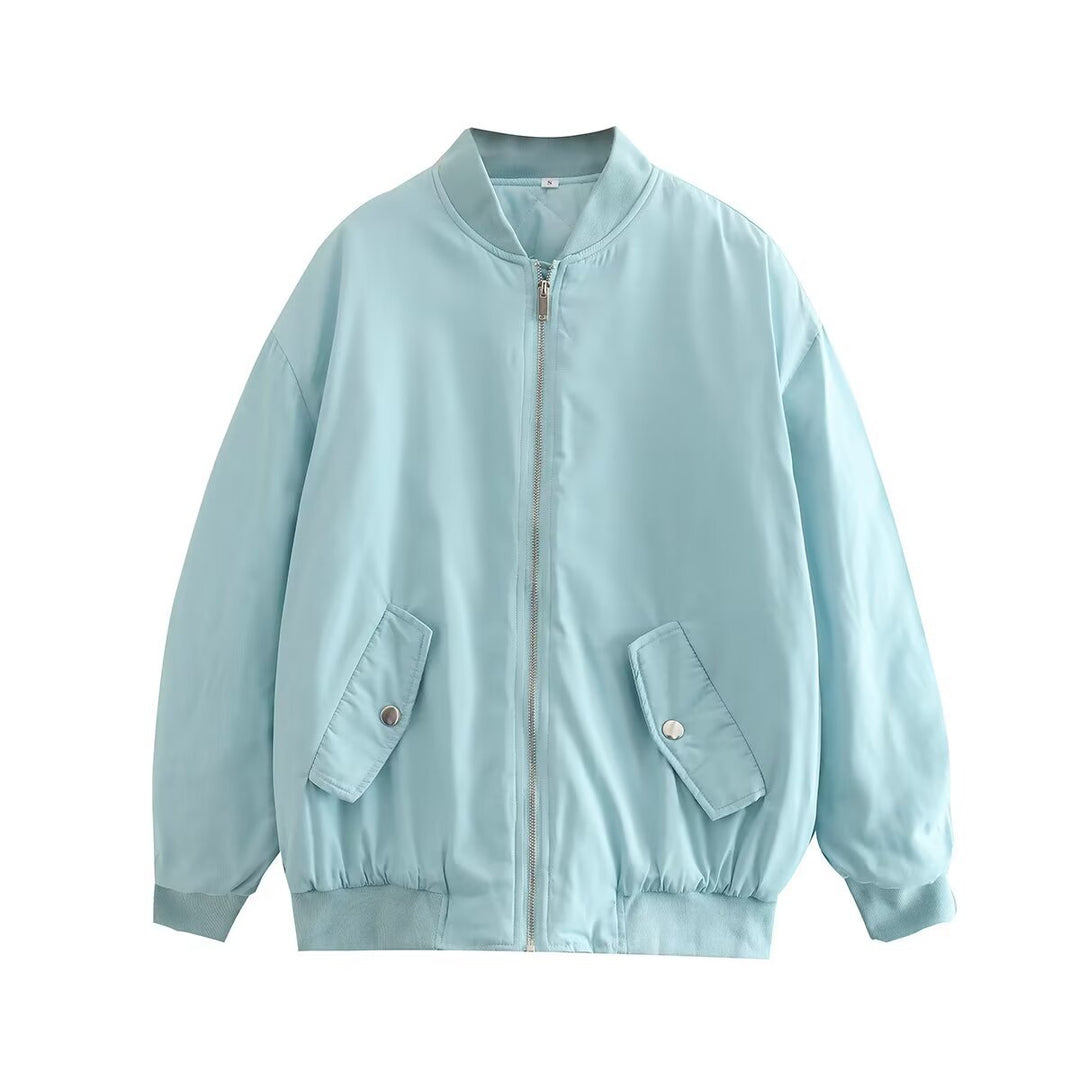Women Boxy Bomber Jacket in Oversized Look with Zipper and Slanted Flap Pockets Amarae