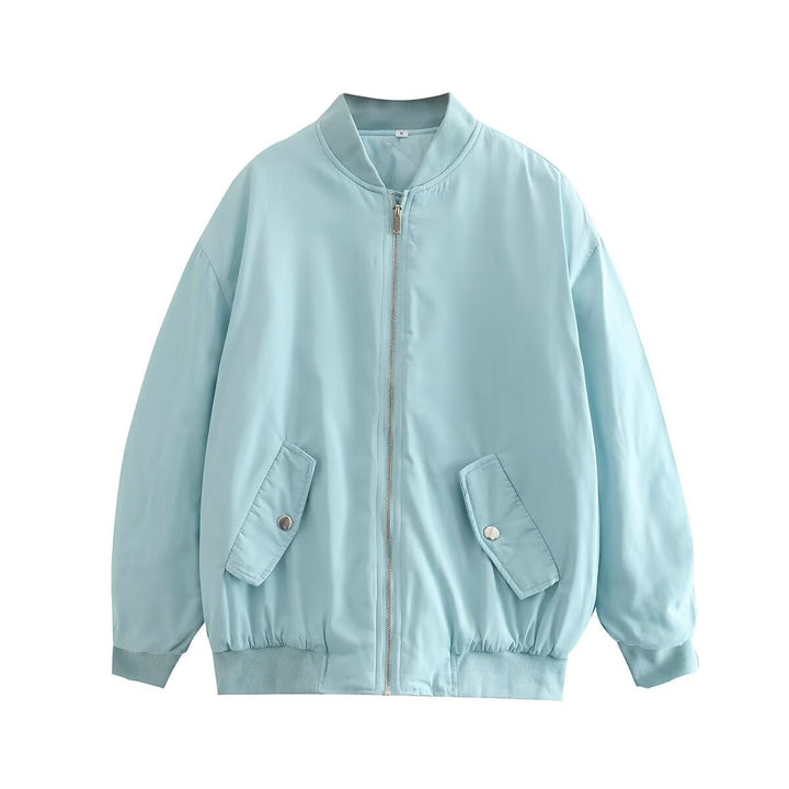 Women Boxy Bomber Jacket in Oversized Look with Zipper and Slanted Flap Pockets Amarae