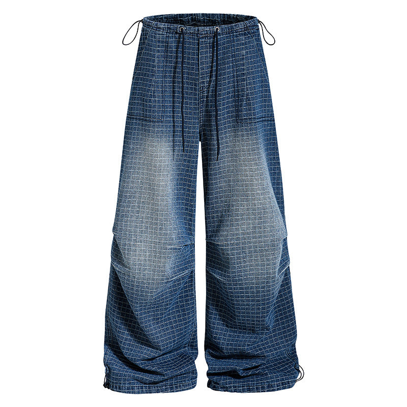 Women's Loose High-Waist Culotte Jeans with Drawstring, Check Pattern and Adjustable Hem Amarae