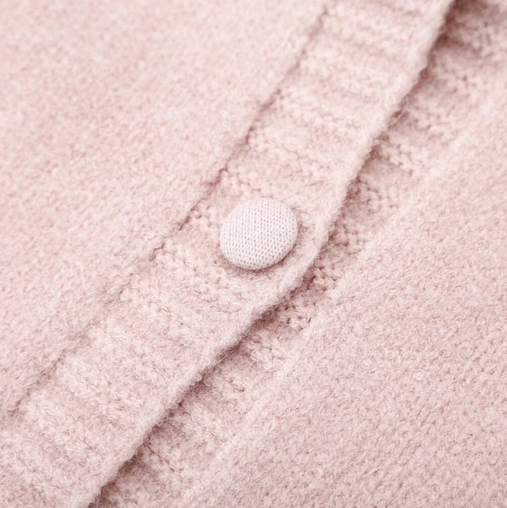Women's fine knit cardigan with hood, button placket and crocheted trim Amarae