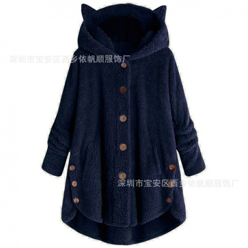 Women's Hooded Teddy Coat with Cat Ears, Button Placket and Asymmetrical Hem Amarae