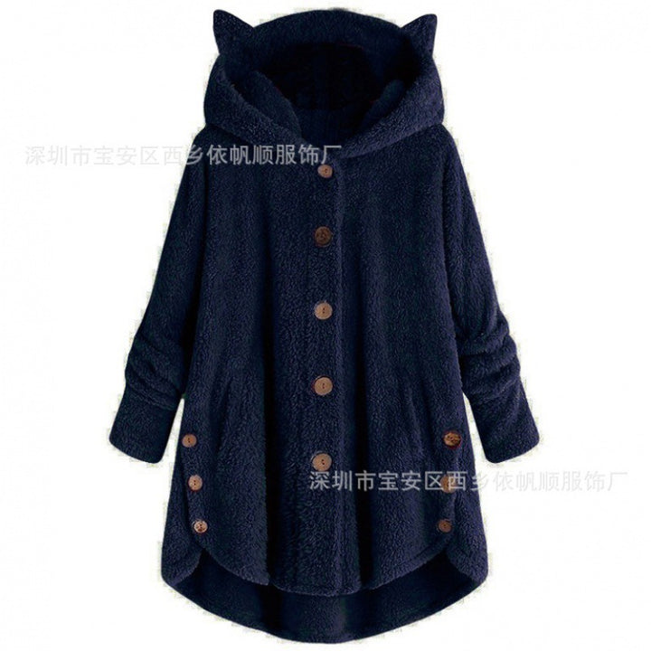 Women's Hooded Teddy Coat with Cat Ears, Button Placket and Asymmetrical Hem Amarae