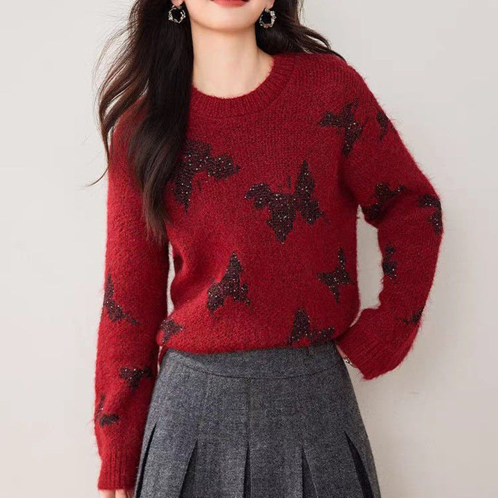 Pull tricoté élégant pour femmes avec des appliqués papillon étincelants Chic & Stil