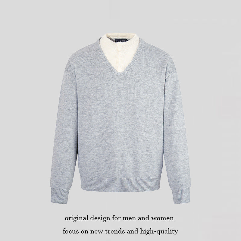 Men's Fine V-Neck Sweater with Layered Look and Stand-Up Collar Inner Part Amarae