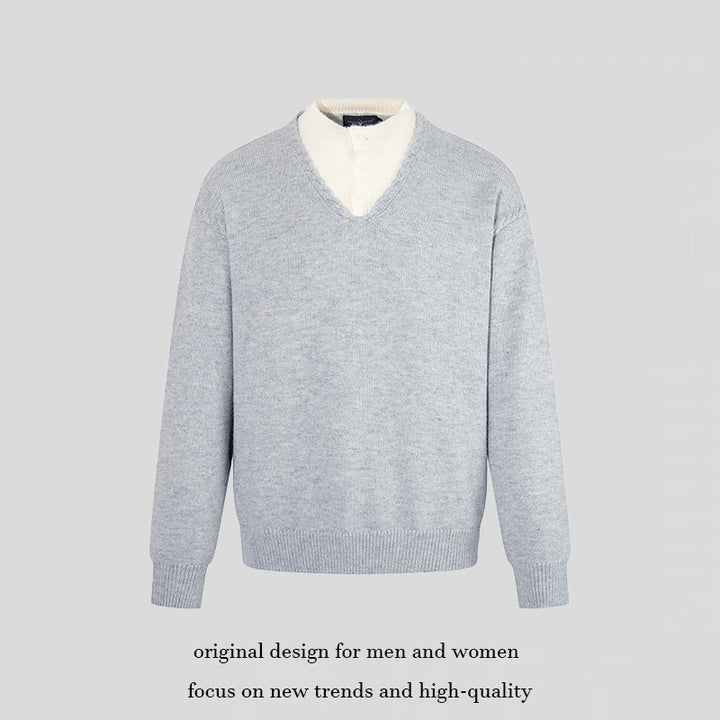 Men's Fine V-Neck Sweater with Layered Look and Stand-Up Collar Inner Part Amarae