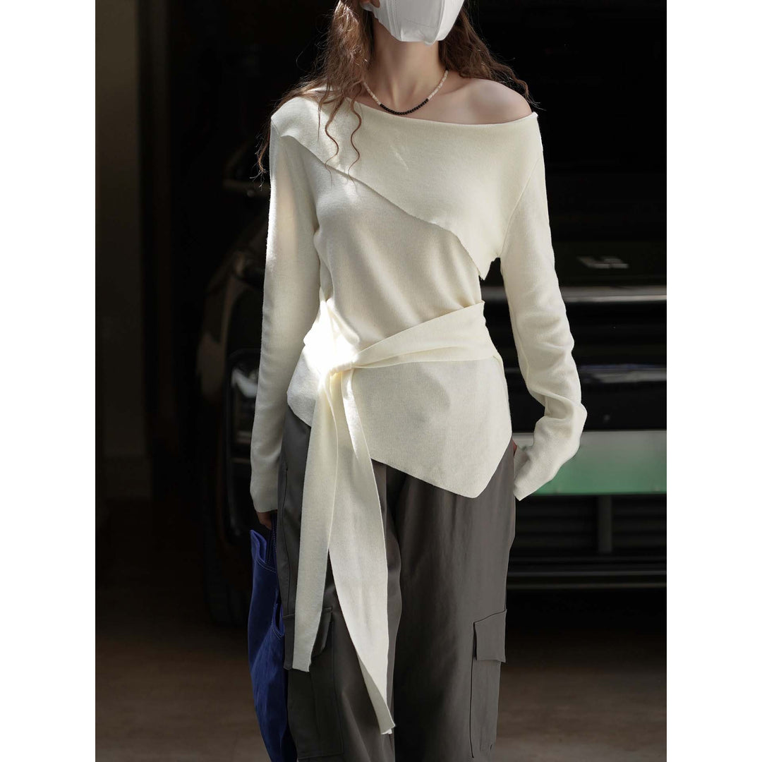 Women's Asymmetric One-Shoulder Fine Knit Top with Ties Amarae