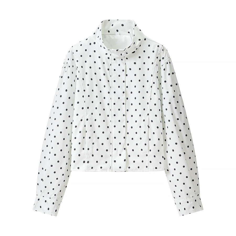 Women Short Cut Oversized Polka Dot Jacket with Stand Collar and Zipper Amarae