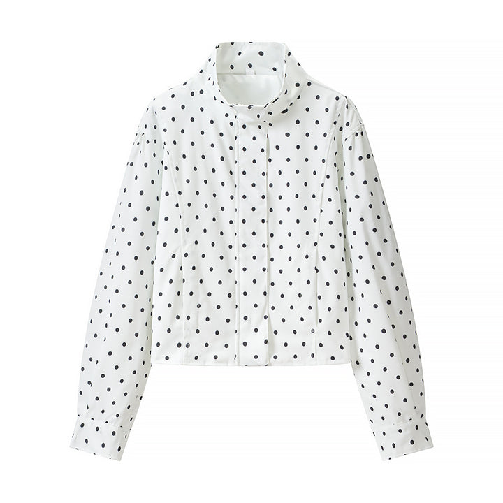 Women Short Cut Oversized Polka Dot Jacket with Stand Collar and Zipper Amarae