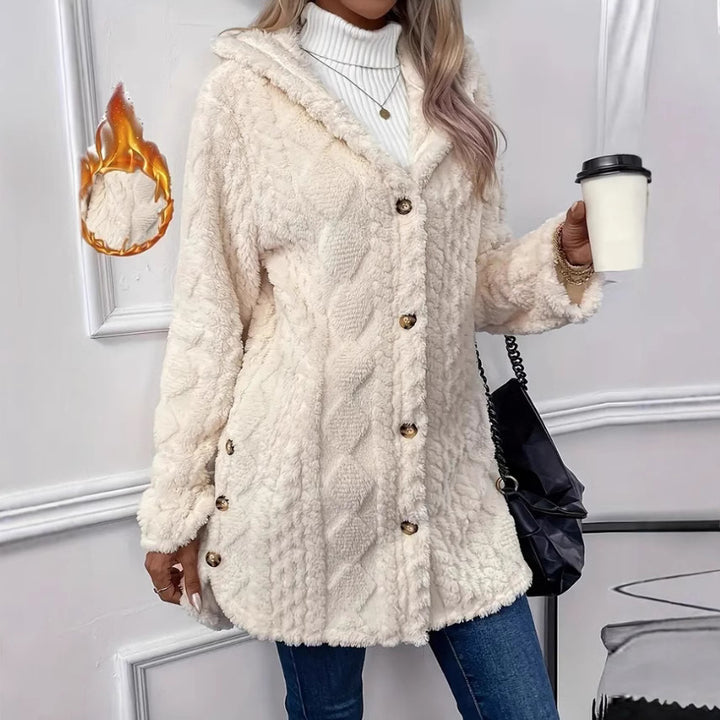 Ladies oversized cozy coat with hood and button placket Amarae