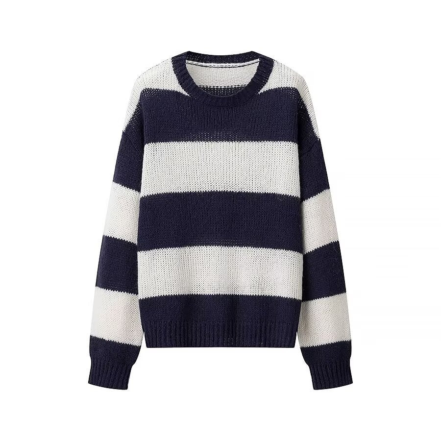 Women Striped Oversize Knit Sweater with Round Neck Amarae
